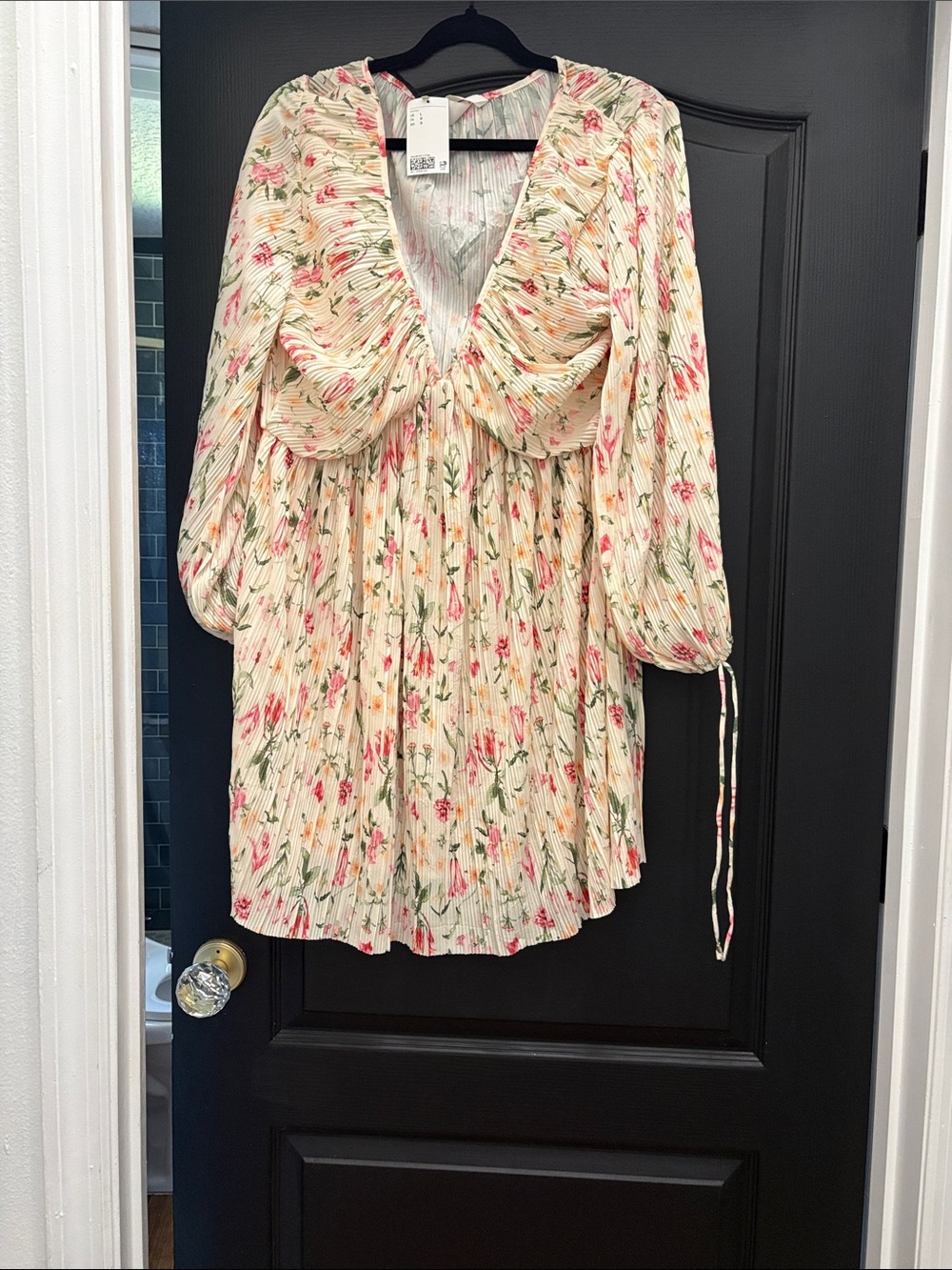 H&M Cream Floral Mini Dress with Pink & Green Print